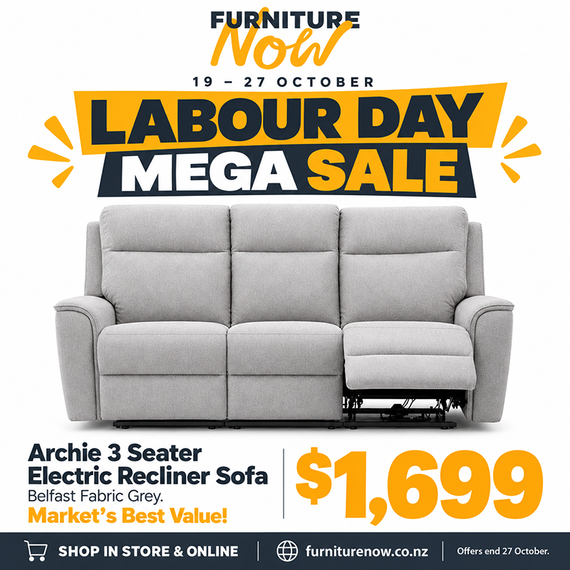 Archie Fabric 3 Seater Electric Recliner - USB, Grey