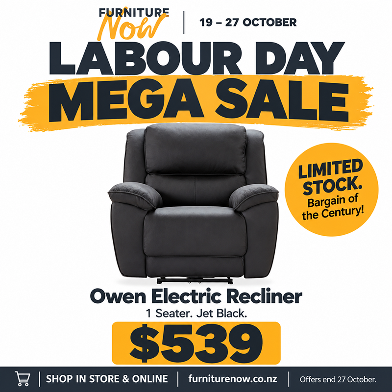 Owen Fabric Electric 1 Seater Recliner - Electric Reclining, Black