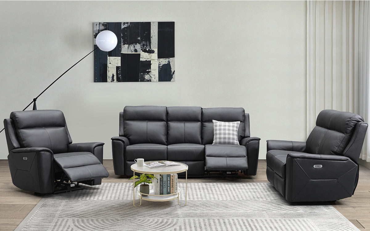 Archie Leather Recliner 1/2/3 Seat Suite - Black