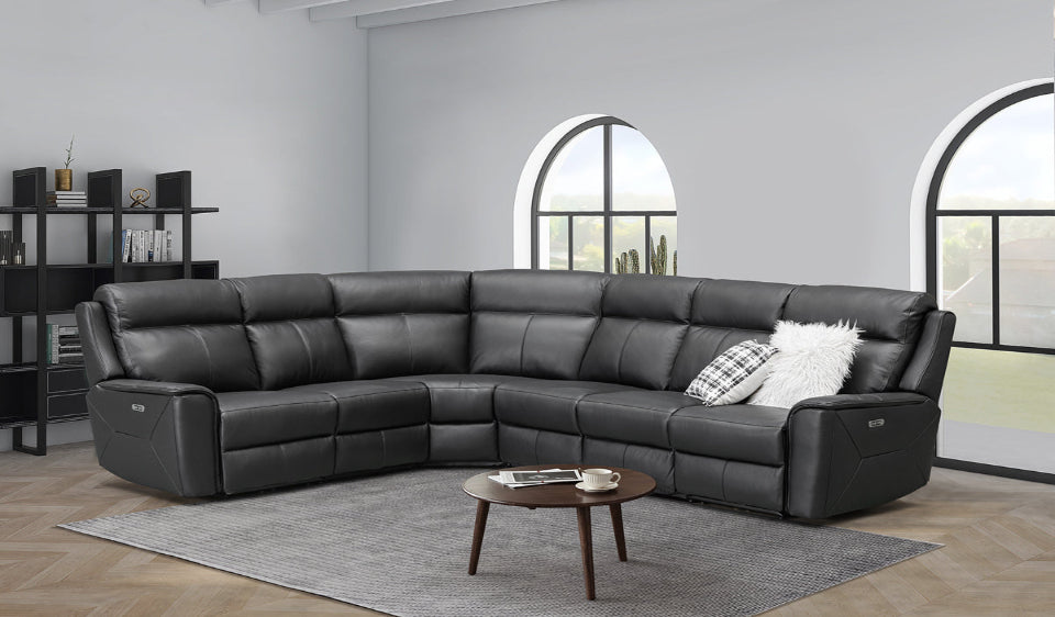 Archie Leather 6 Seater Corner Recliner Lounge (Black)