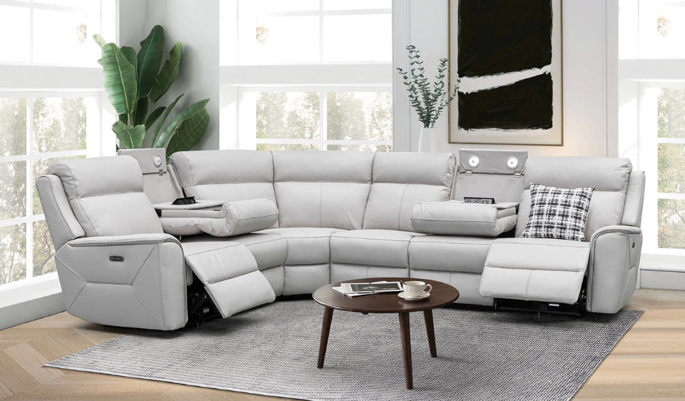 Archie Leather 6 Seater Corner Recliner Lounge (Black)
