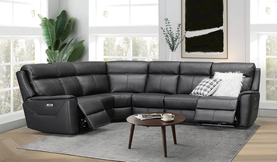 Archie Leather 6 Seater Corner Recliner Lounge (Black)