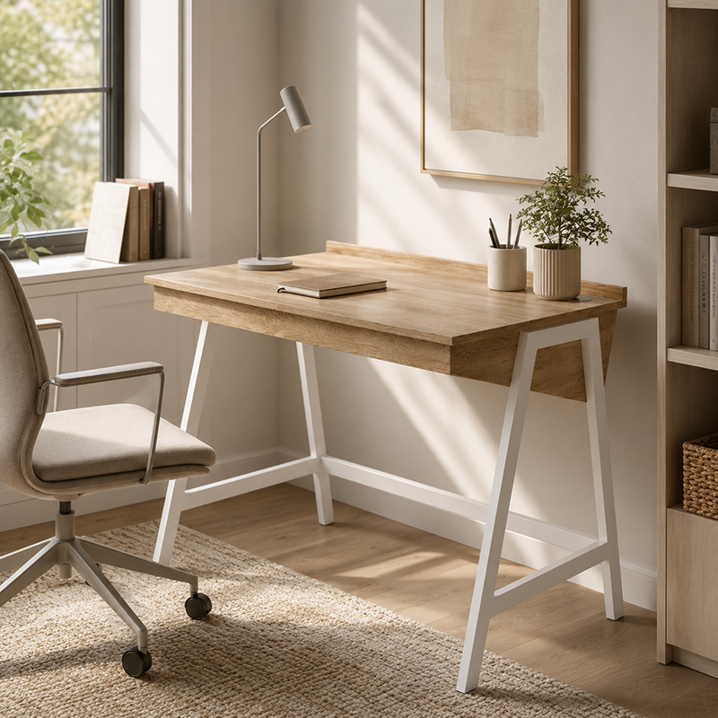 Aspect Desk Light Oak Wood Desk with White Metal Frame