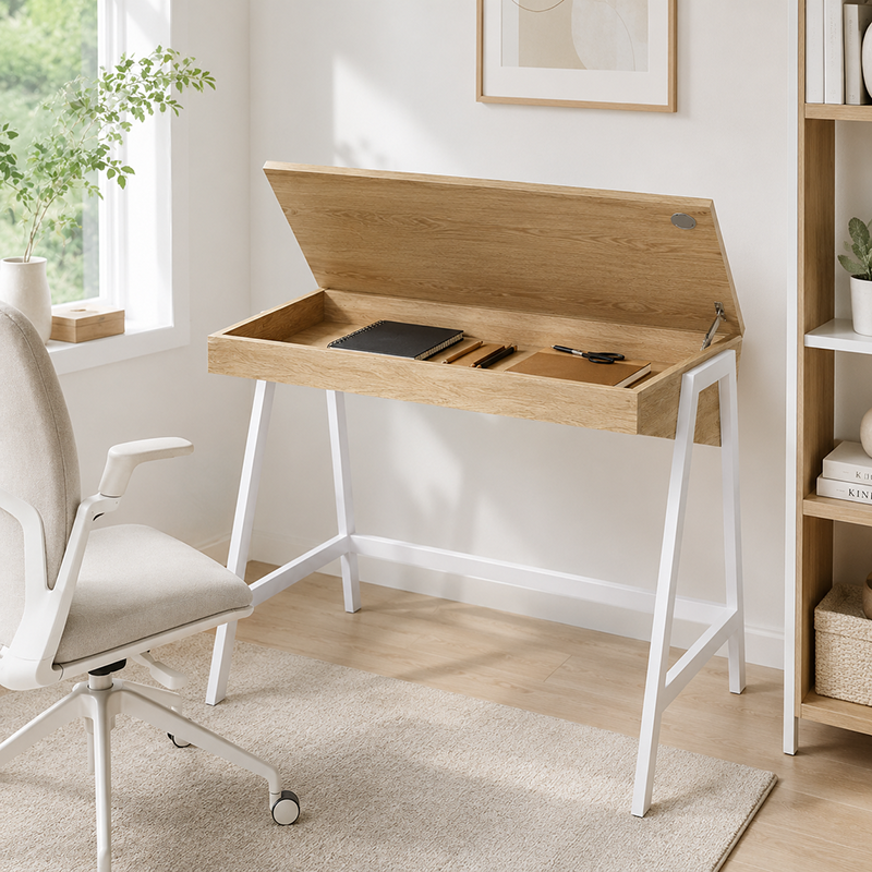 Aspect Desk Light Oak Wood Desk with White Metal Frame