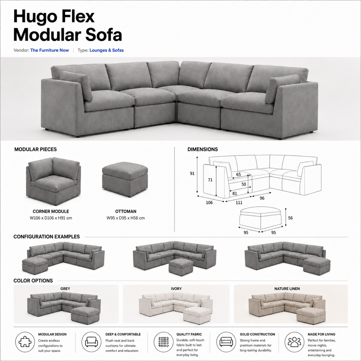 Hugo Flex Modular Sofa (Ivory / Nature-linen)