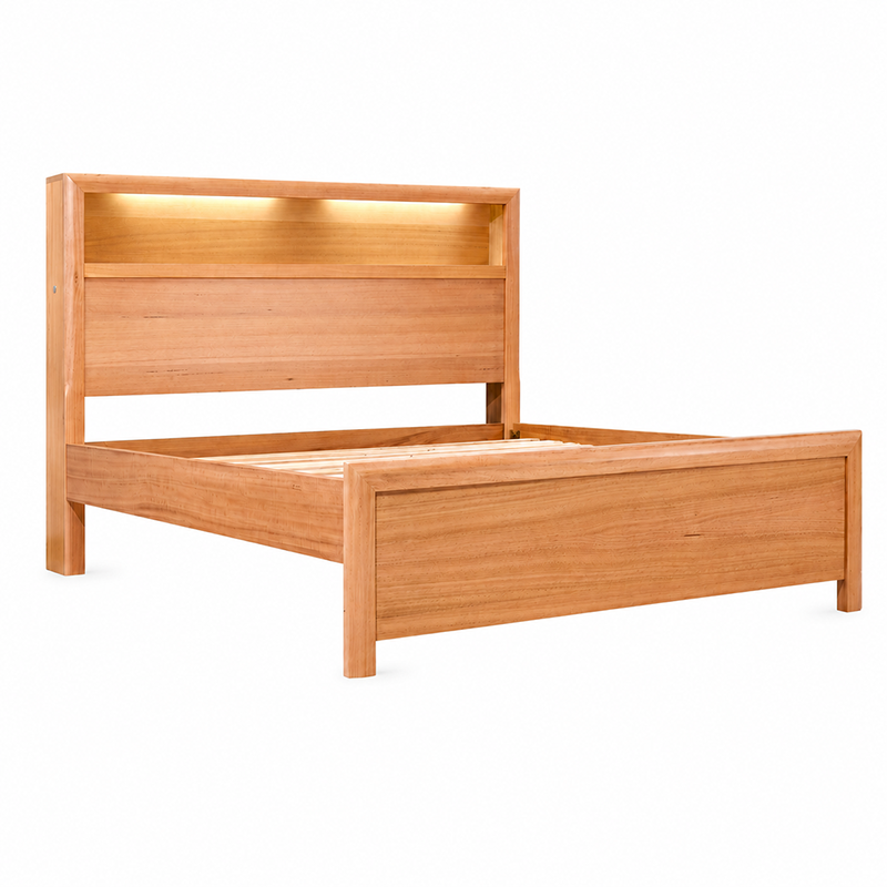 Cleveland Queen Bed Frame with Bookcase + USB Socket + LED light (Oak)