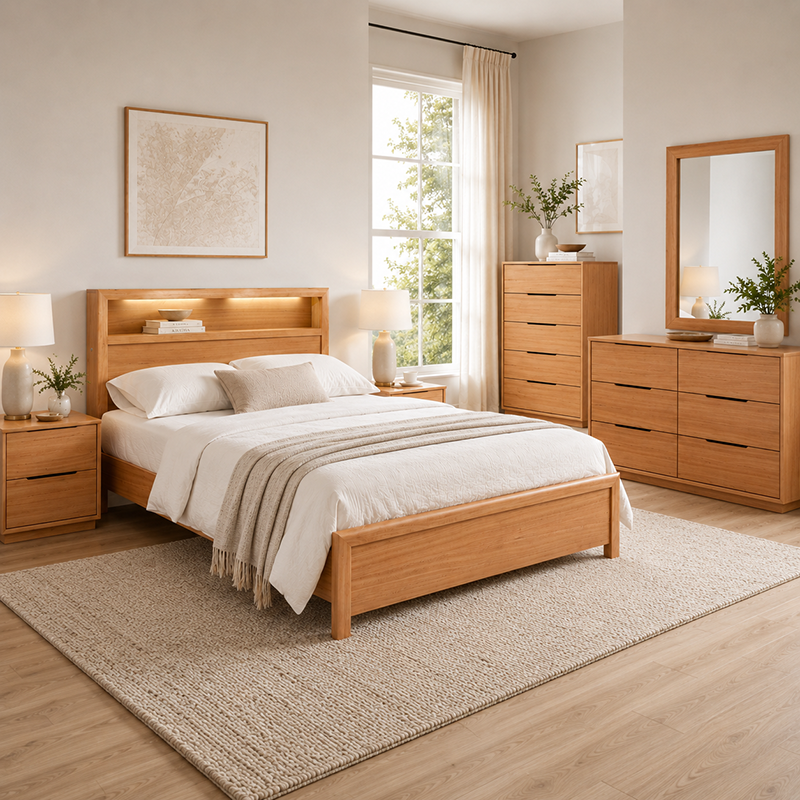 Cleveland Queen Bed Frame with Bookcase + USB Socket + LED light (Oak)