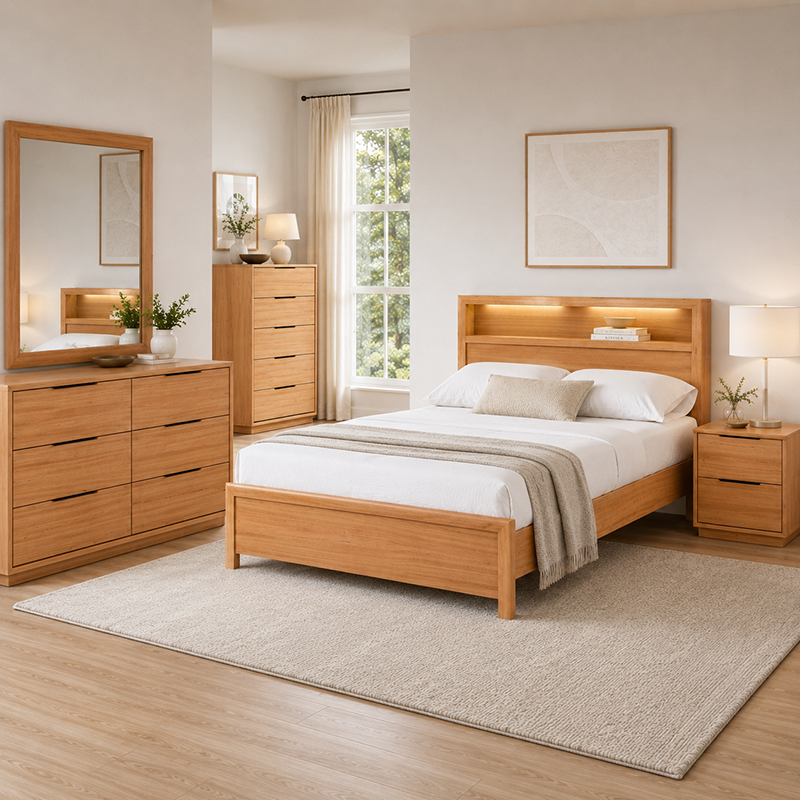 Cleveland Queen Bed Frame with Bookcase + USB Socket + LED light (Oak)