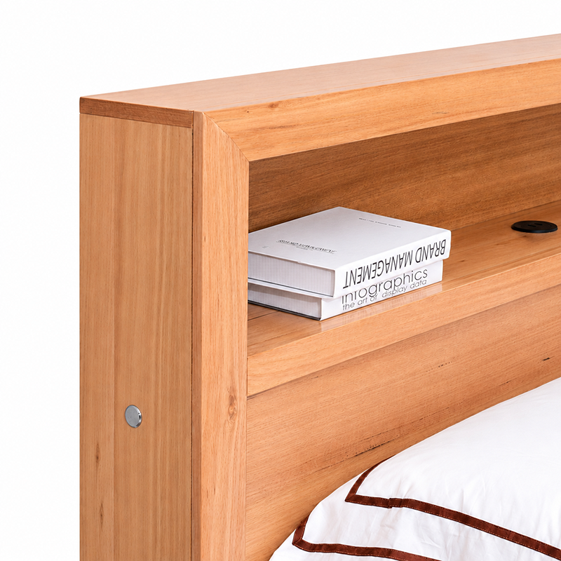 Cleveland Queen Bed Frame with Bookcase + USB Socket + LED light (Oak)