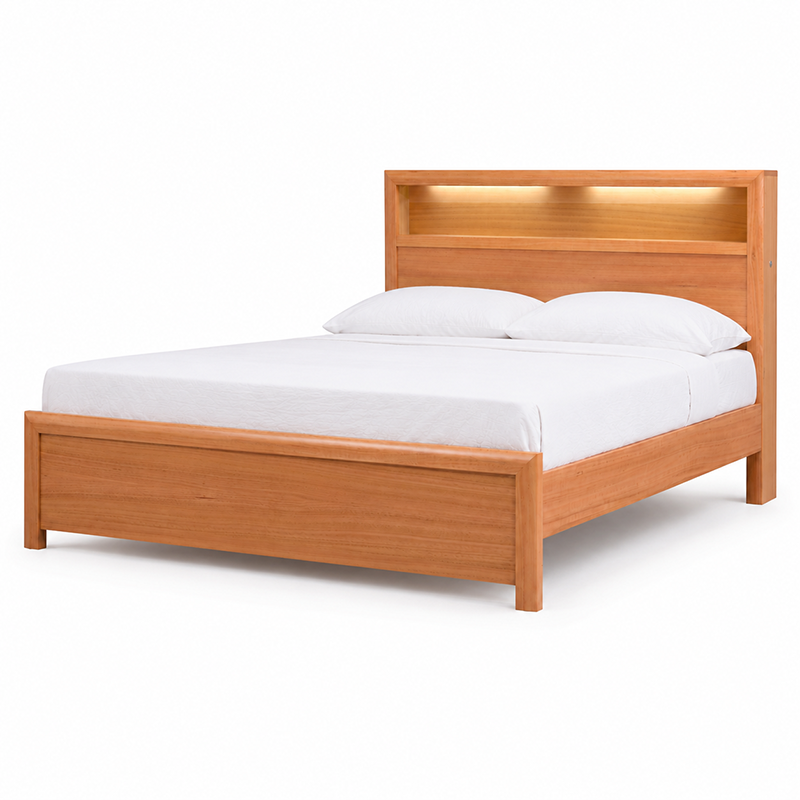 Cleveland Queen Bed Frame with Bookcase + USB Socket + LED light (Oak)