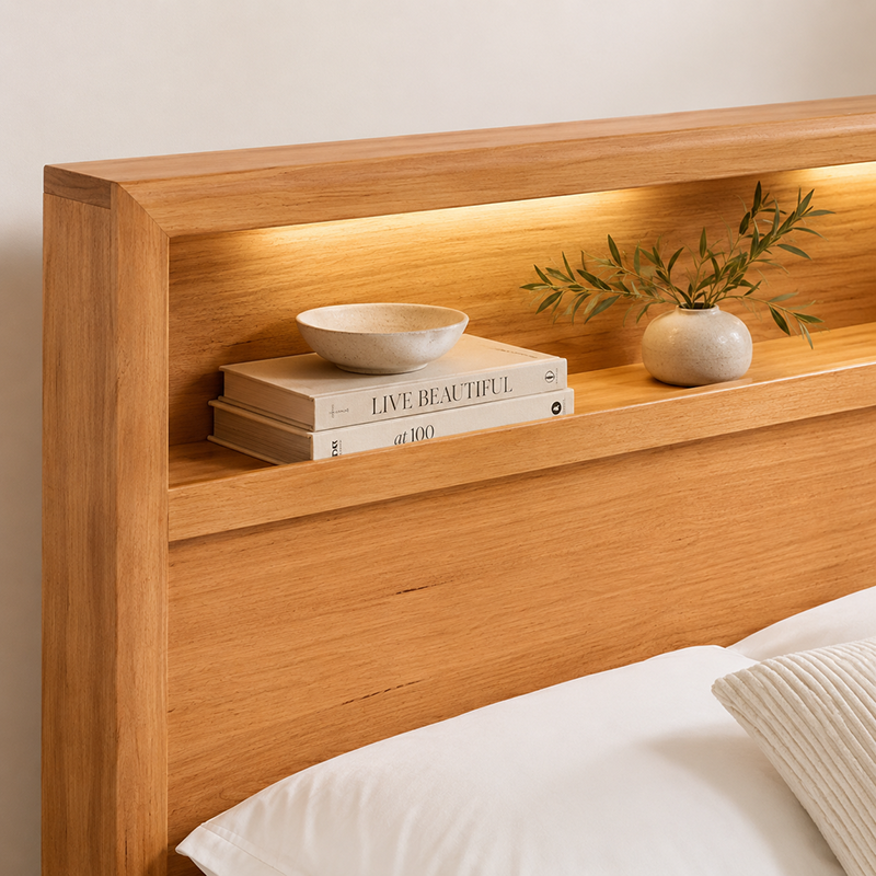 Cleveland Queen Bed Frame with Bookcase + USB Socket + LED light (Oak)