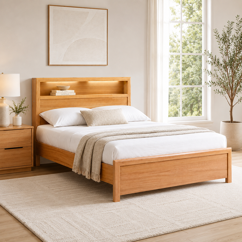 Cleveland Queen Bed Frame with Bookcase + USB Socket + LED light (Oak)