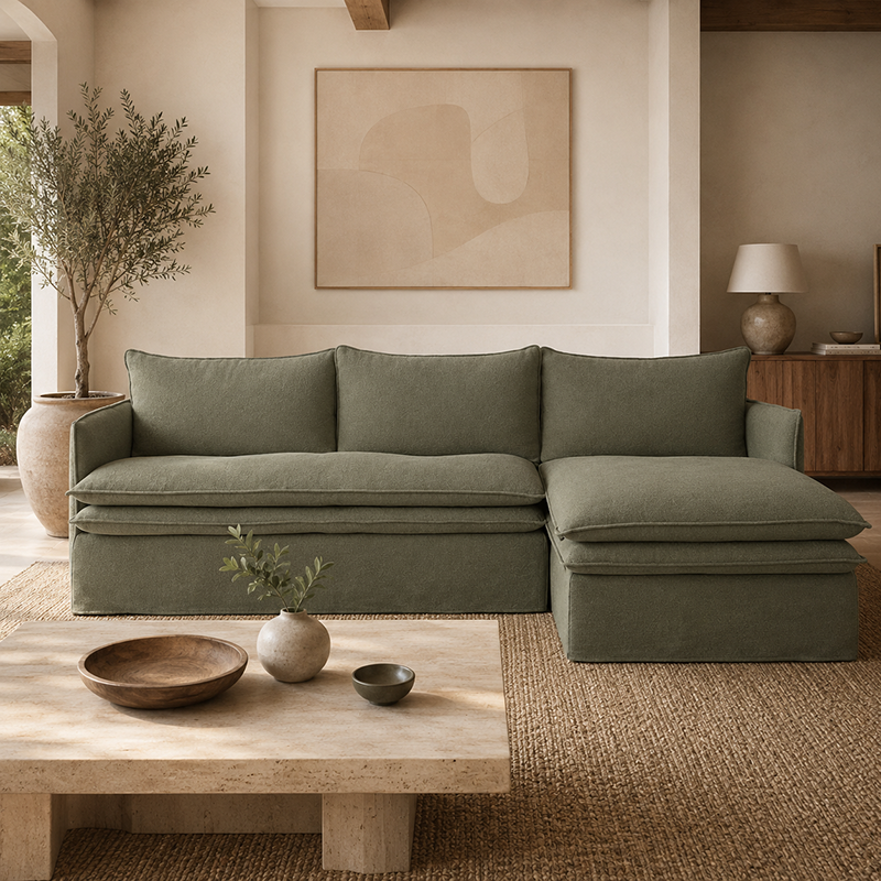Hamilton Slipcover 3 Seater Chaise Sofa W277cm Cement/Khaki/Oatmeal