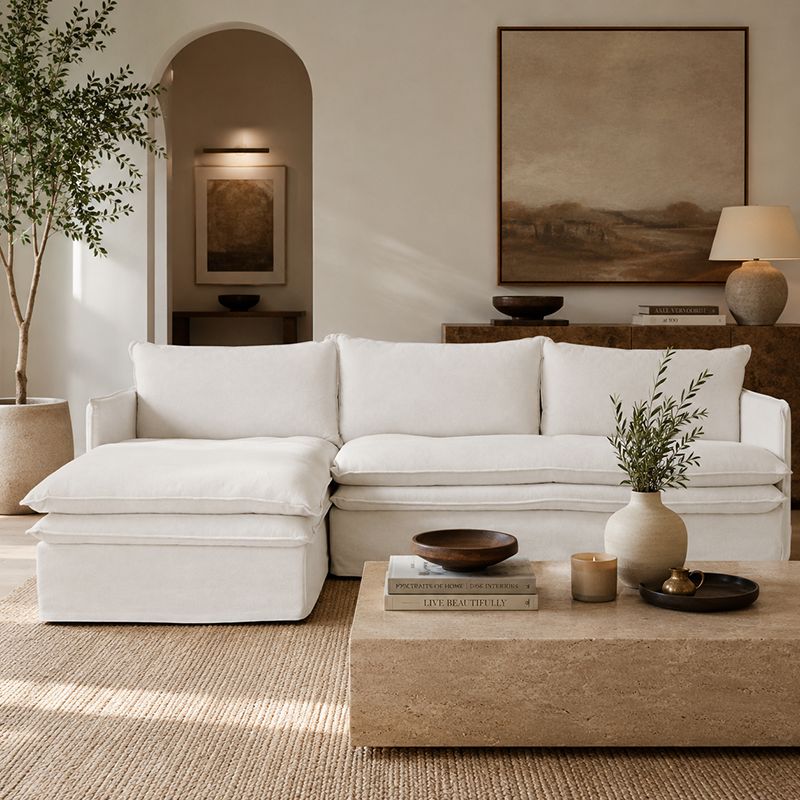 Hamilton Slipcover 3 Seater Chaise Sofa W277cm Cement/Khaki/Oatmeal