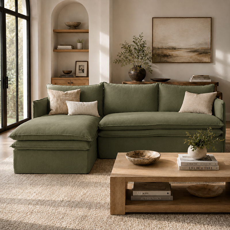 Hamilton Slipcover 3 Seater Chaise Sofa W277cm Cement/Khaki/Oatmeal