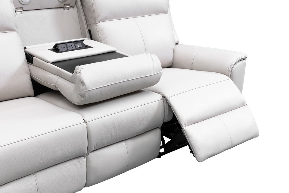 Archie Leather 3 Seater Electric Recliner (Light Grey / Black)