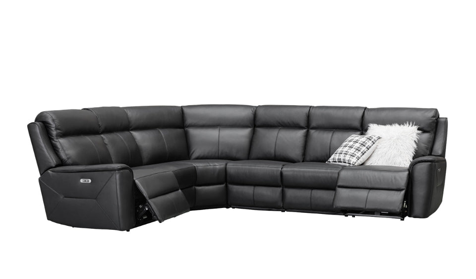 Archie Leather 6 Seater Corner Recliner Lounge (Black)