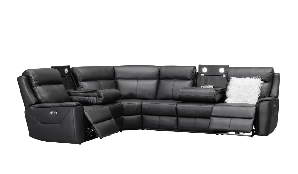 Archie Leather 6 Seater Corner Recliner Lounge (Black)