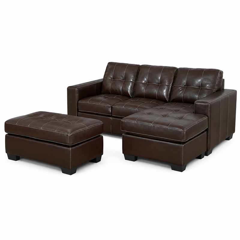Jessie Bonded Leather Corner Suite with Ottoman (Dark Brown)