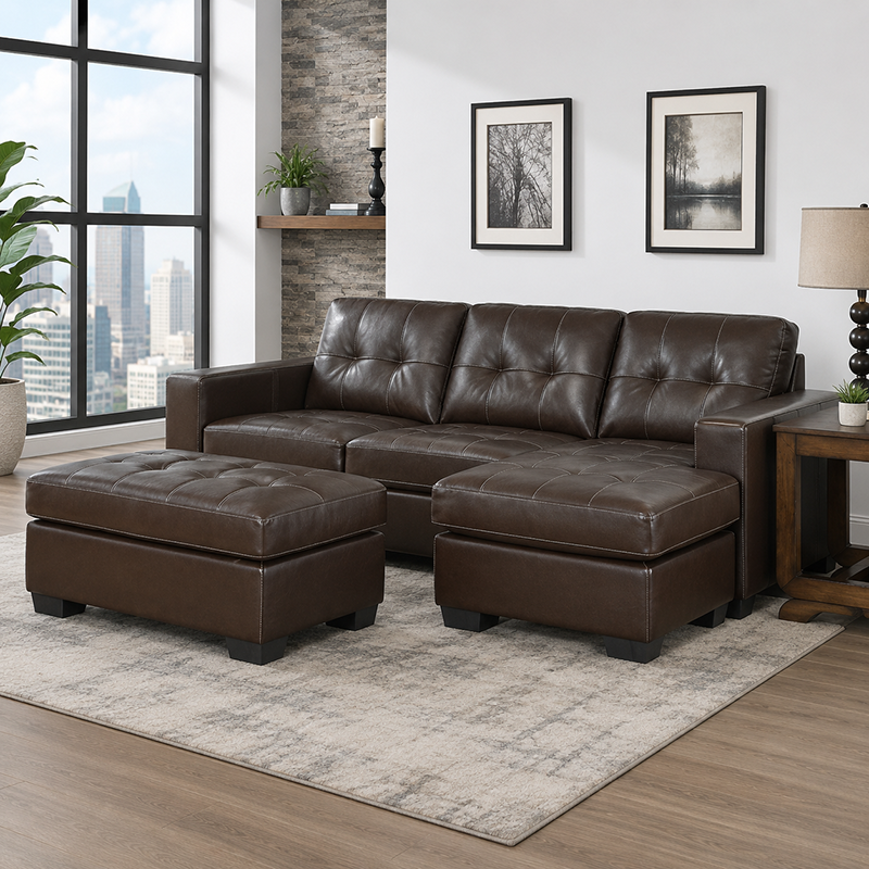 Jessie Bonded Leather Corner Suite with Ottoman (Dark Brown)