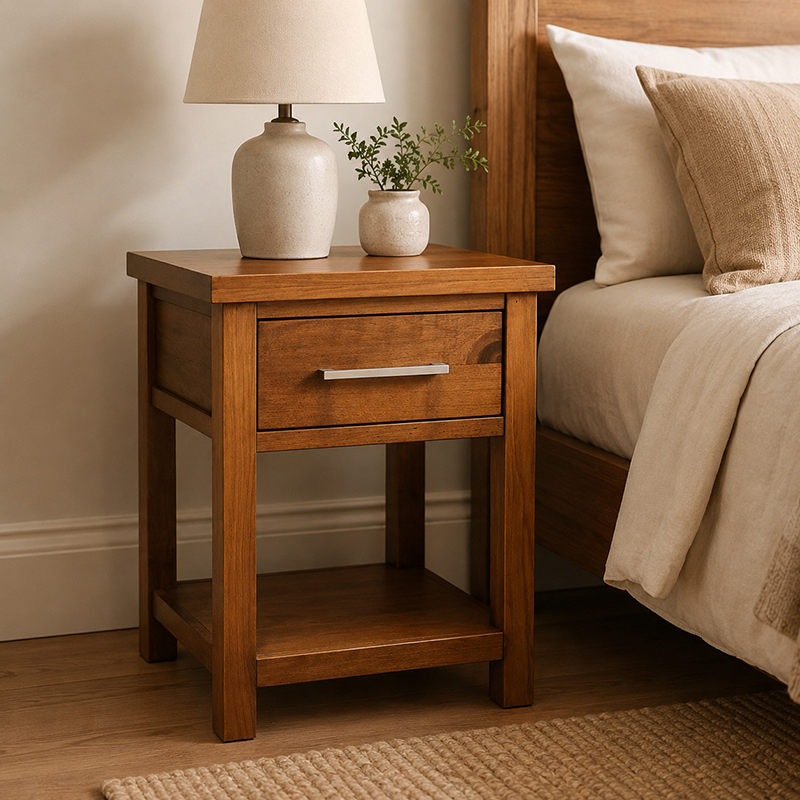 New Master Bedside Table 1 Drawer (White/Warm Honey/Black) 420mm