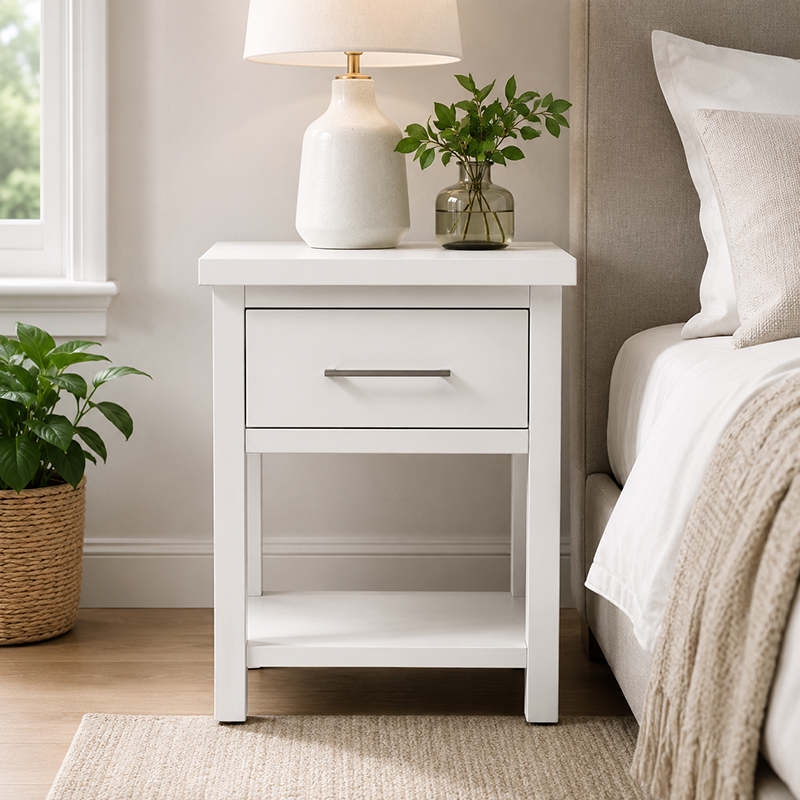 New Master Bedside Table 1 Drawer (White/Warm Honey/Black) 420mm
