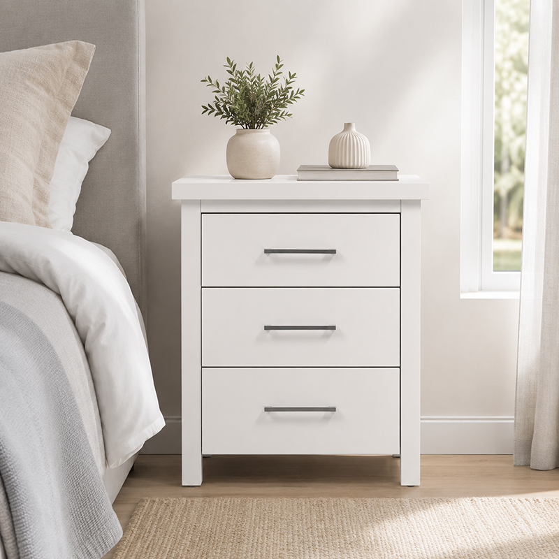 New Master 3 Drawer Bedside Table White 500mm