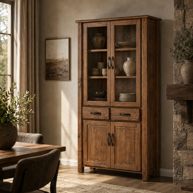 Oberon Display Cabinet Solid Wood Solid Pine Rustic Walnut Colour 106cm