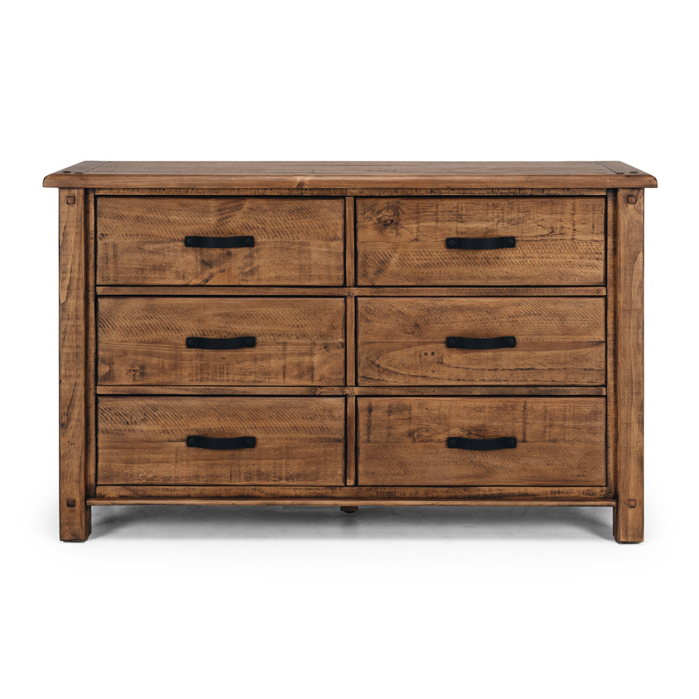 Oberon Dresser 6 Drawer Solid Wood Solid Pine Rustic Walnut Colour 135cm