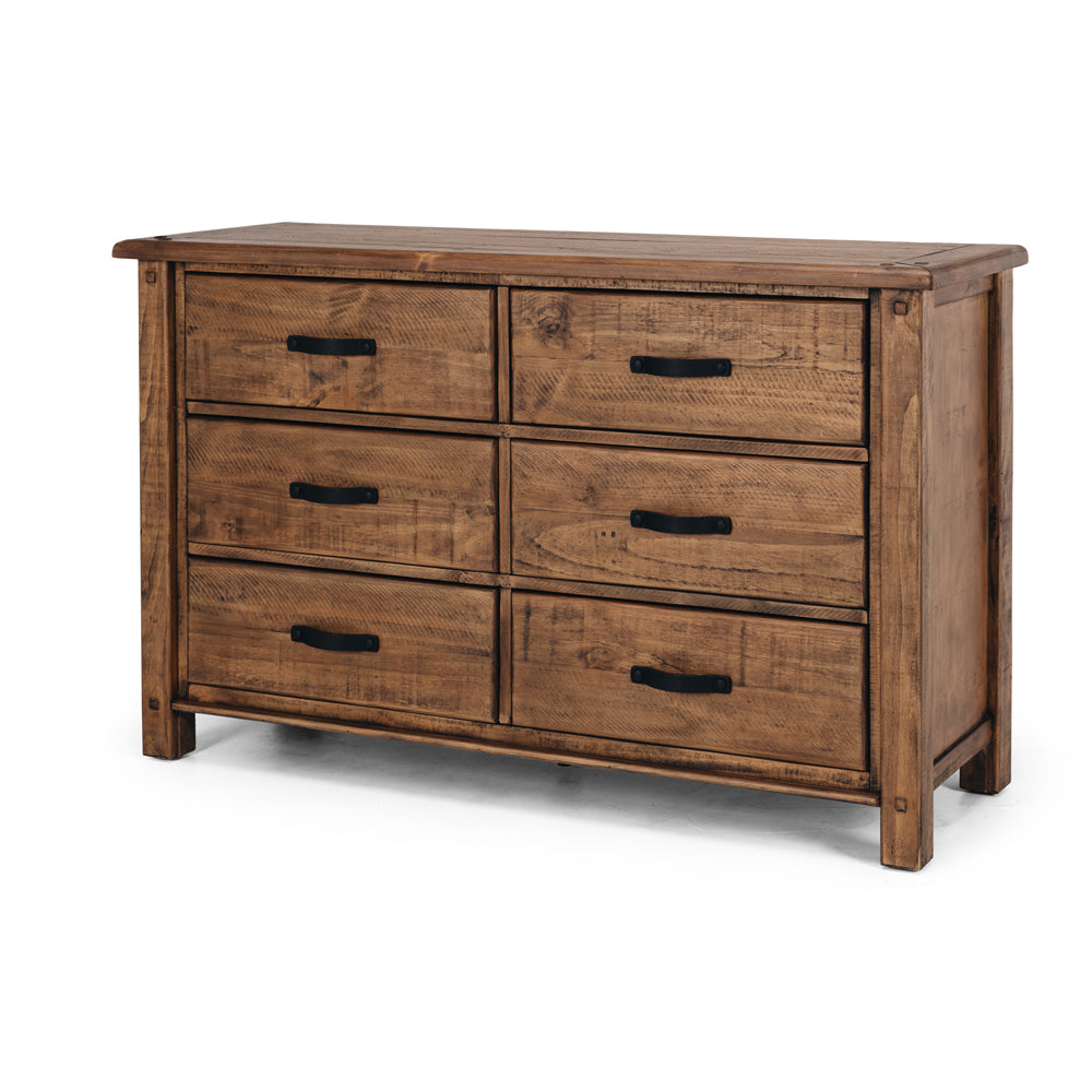 Oberon Dresser 6 Drawer Solid Wood Solid Pine Rustic Walnut Colour 135cm