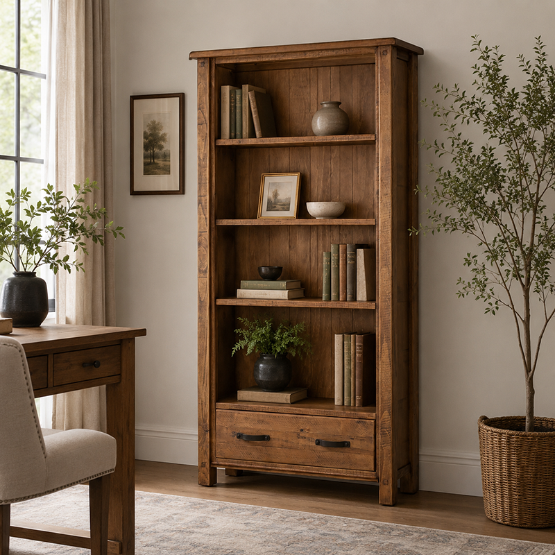 Oberon Bookcase Display Cabinet Solid Wood Solid Pine Rustic Walnut Colour 95cm