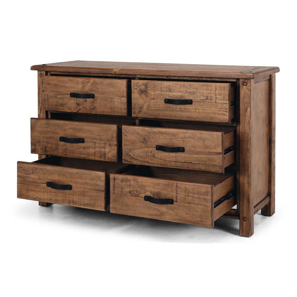 Oberon Dresser 6 Drawer Solid Wood Solid Pine Rustic Walnut Colour 135cm