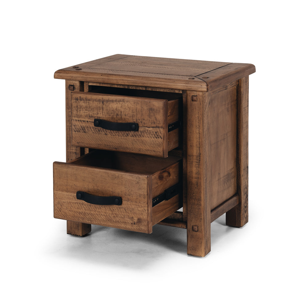 Oberon Bedside Table 2 Drawer Solid Wood Solid Pine Rustic Walnut Colour 55cm