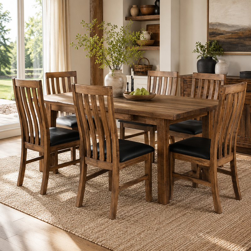 Oberon Dining Chair Solid Wood Solid Pine Rustic Walnut Colour PU Seat