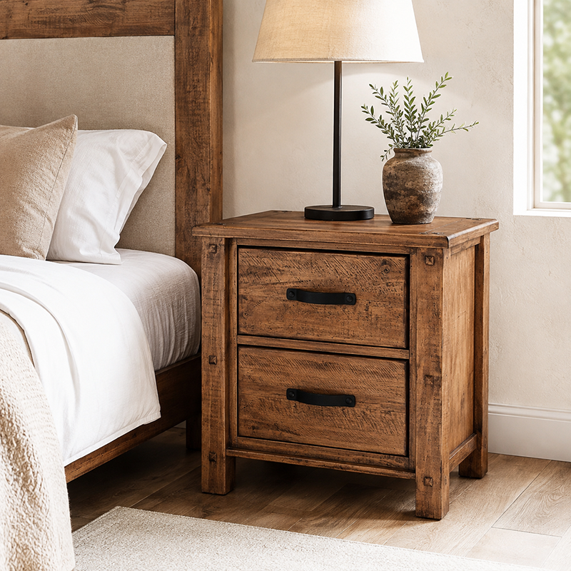 Oberon Bedside Table 2 Drawer Solid Wood Solid Pine Rustic Walnut Colour 55cm