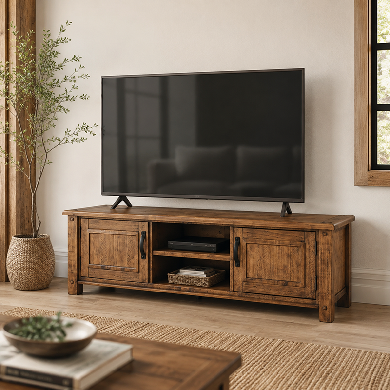 Oberon TV Unit Solid Wood Solid Pine Rustic Walnut Colour 164cm