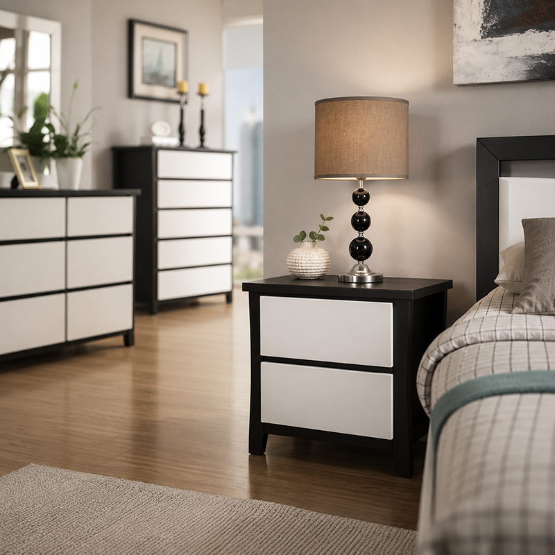 Patrick Bedside Table 2 Drawer (Black / White)