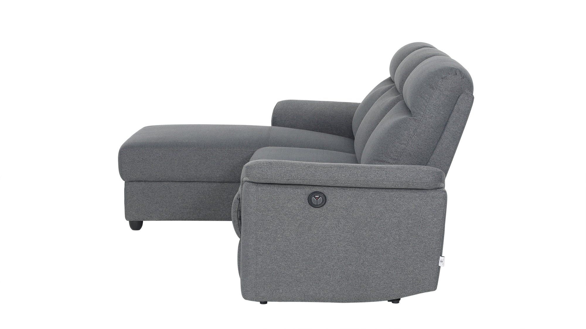 Dawson Fabric Electrical Recliner 2 Seater with Storage Chaise Dark Grey \ Silver