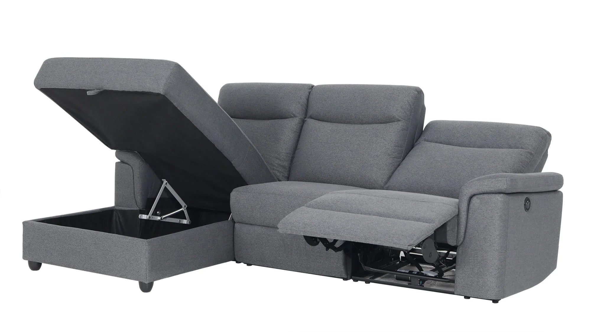 Dawson Fabric Electrical Recliner 2 Seater with Storage Chaise Dark Grey \ Silver