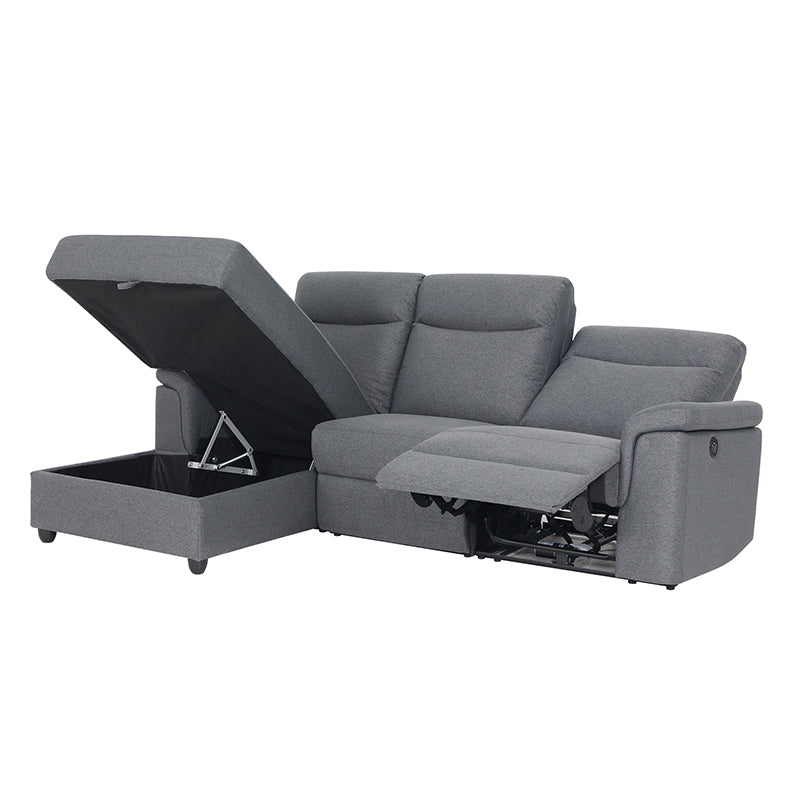 Dawson Fabric Electrical Recliner 2 Seater with Storage Chaise Dark Grey / Silver (Charcoal / Silver)