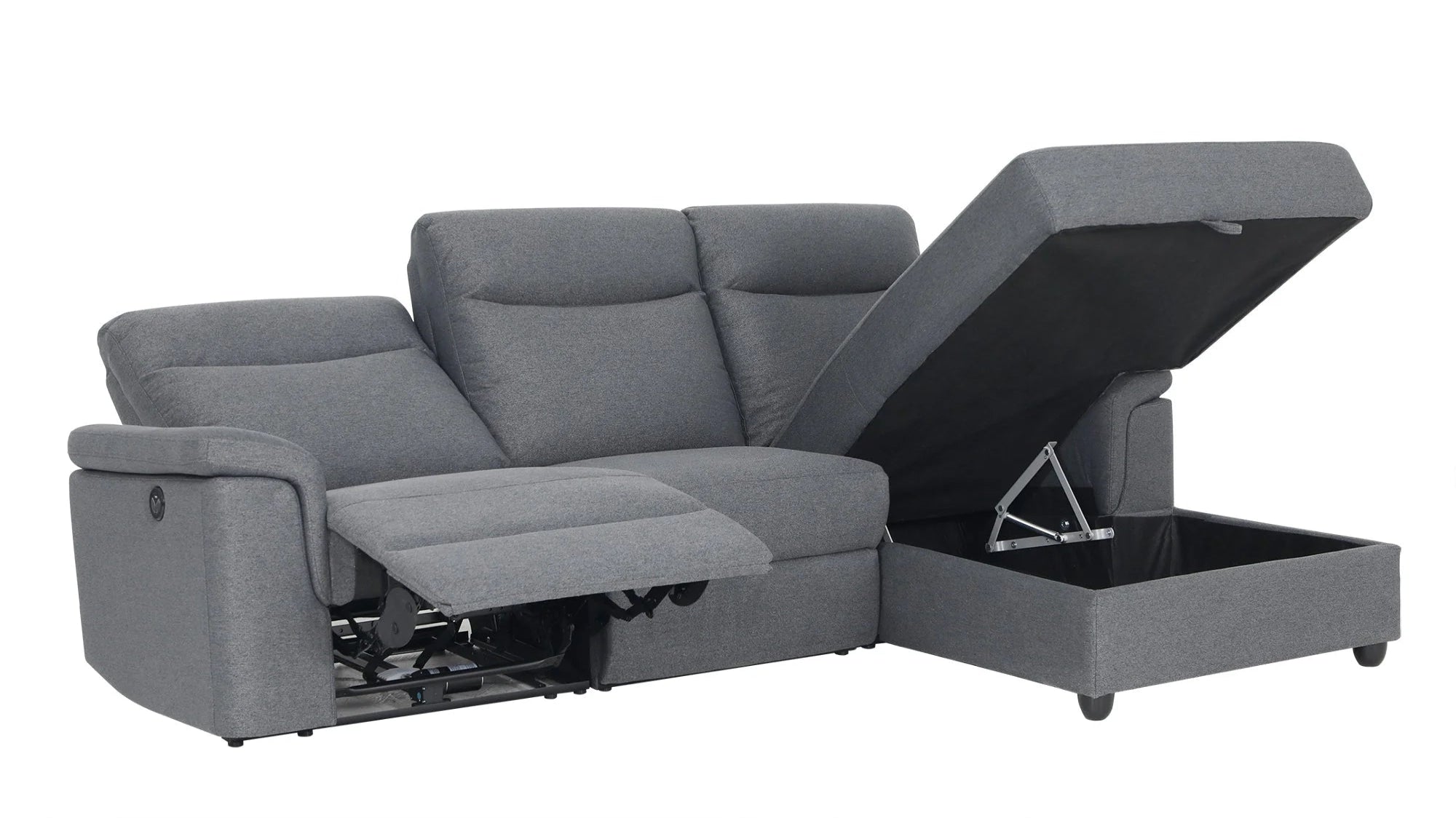 Dawson Fabric Electrical Recliner 2 Seater with Storage Chaise Dark Grey/Silver