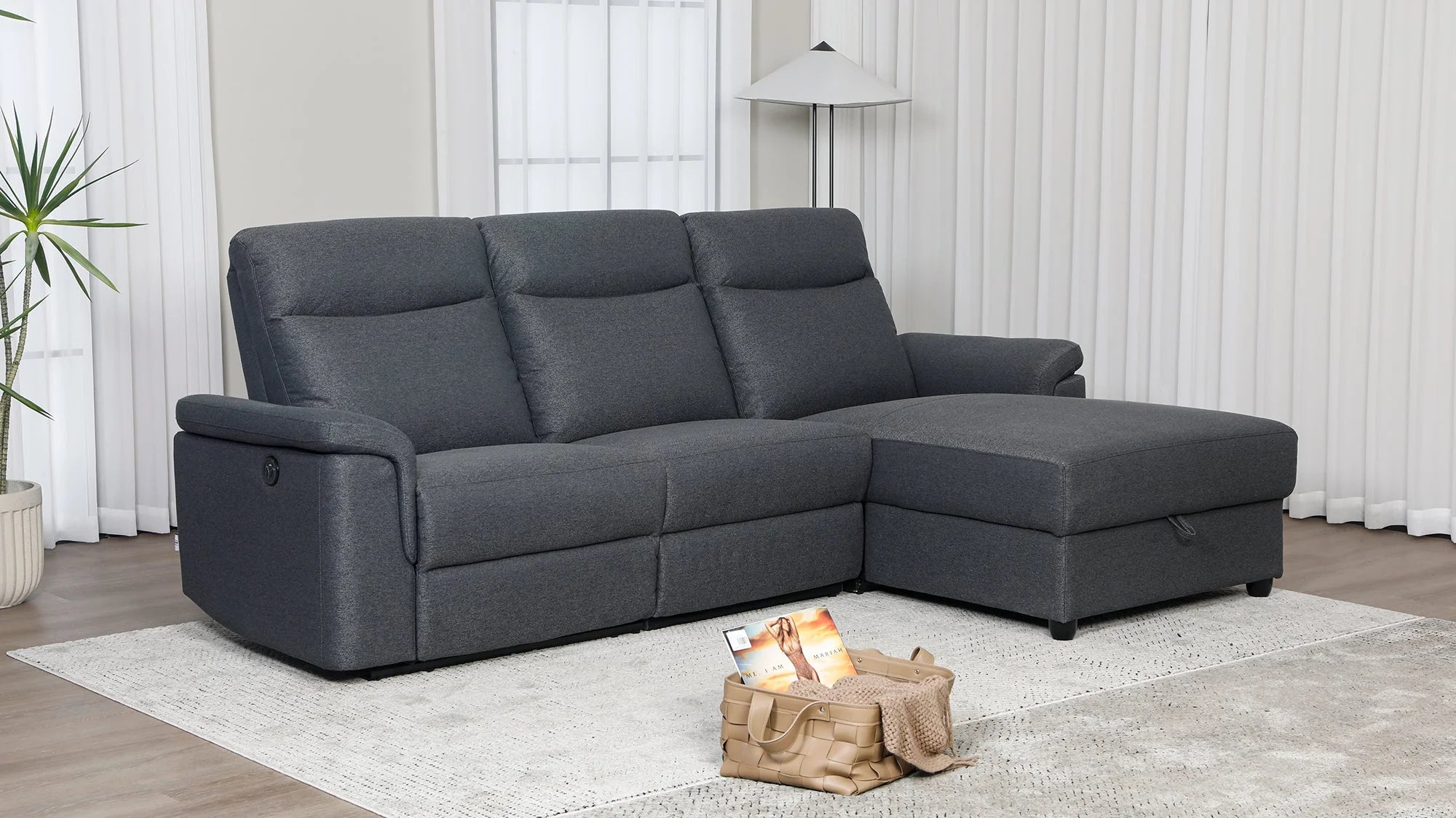 Dawson Fabric Electrical Recliner 2 Seater with Storage Chaise Dark Grey \ Silver