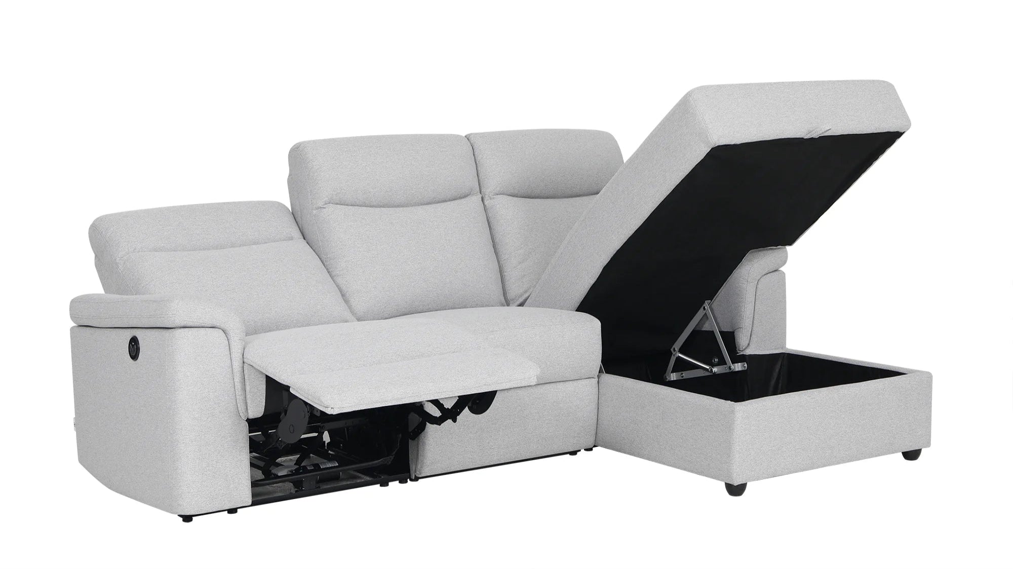 Dawson Fabric Electrical Recliner 2 Seater with Storage Chaise Dark Grey \ Silver