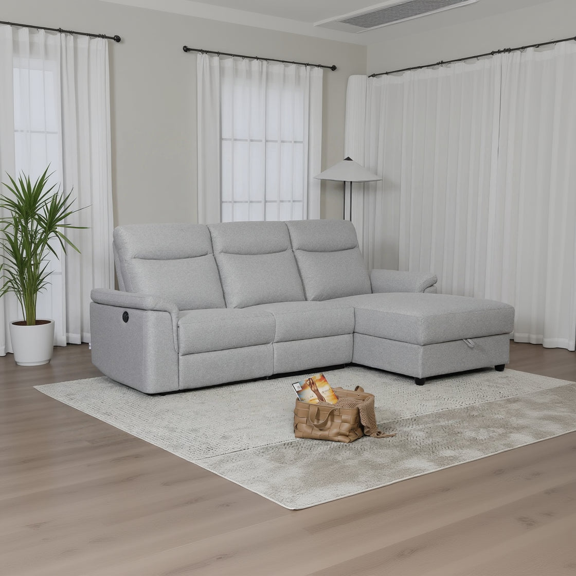 Dawson Fabric Electrical Recliner 2 Seater with Storage Chaise Dark Grey/Silver