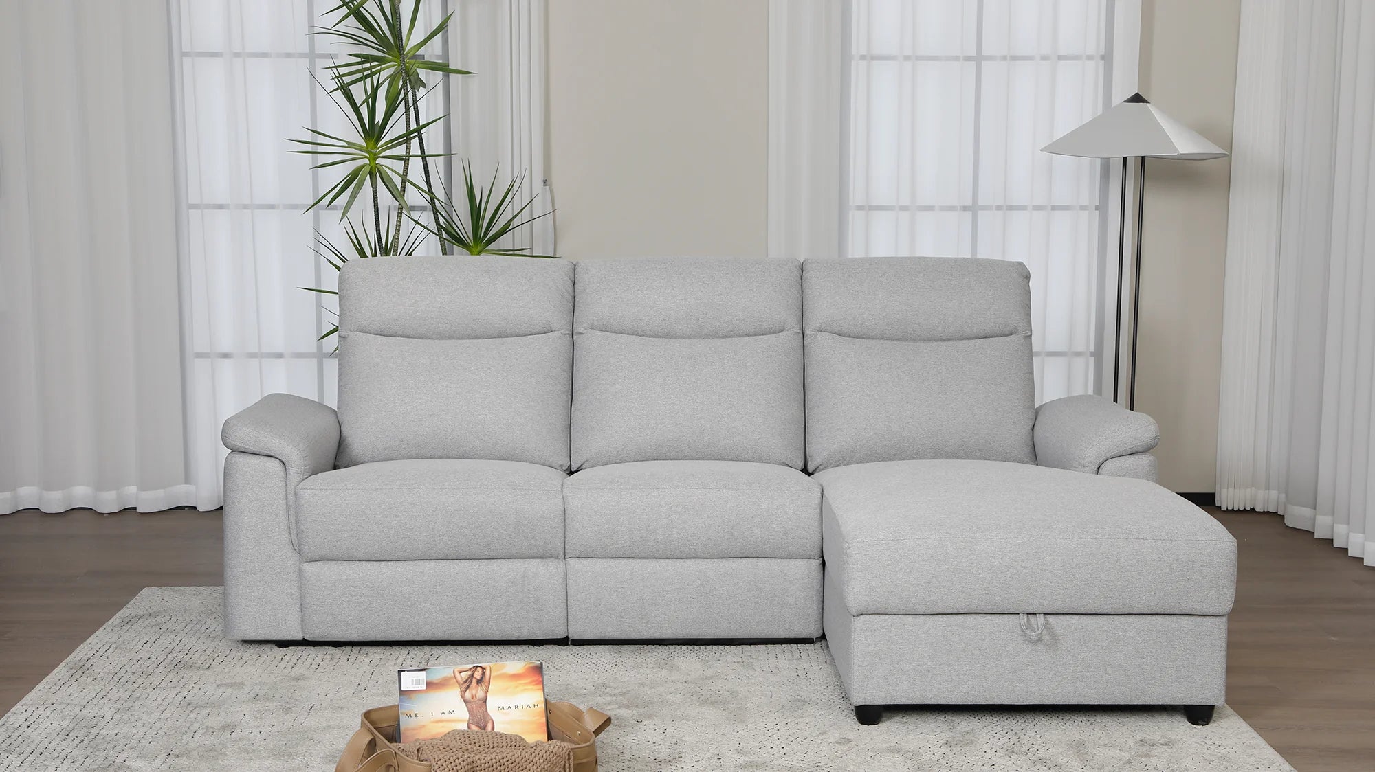 Dawson Fabric Electrical Recliner 2 Seater with Storage Chaise Dark Grey \ Silver