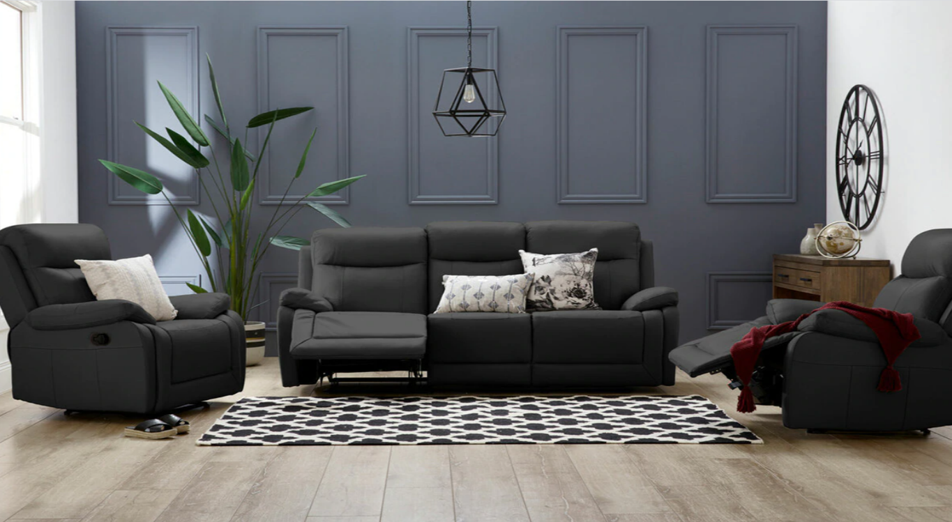 Scott Leather Recliner Suite (Grey / Black)
