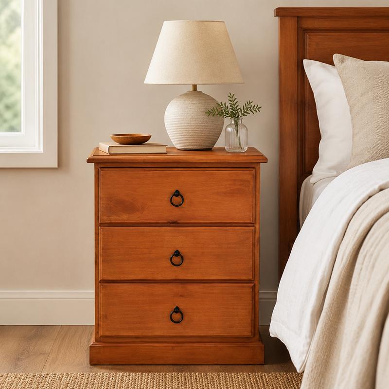 Susan Bedside Table 3 Drawer (Warm Honey)