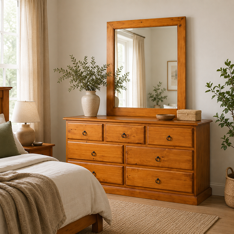 Susan 7 Drawer Dresser Table & Mirror (Warm Honey)