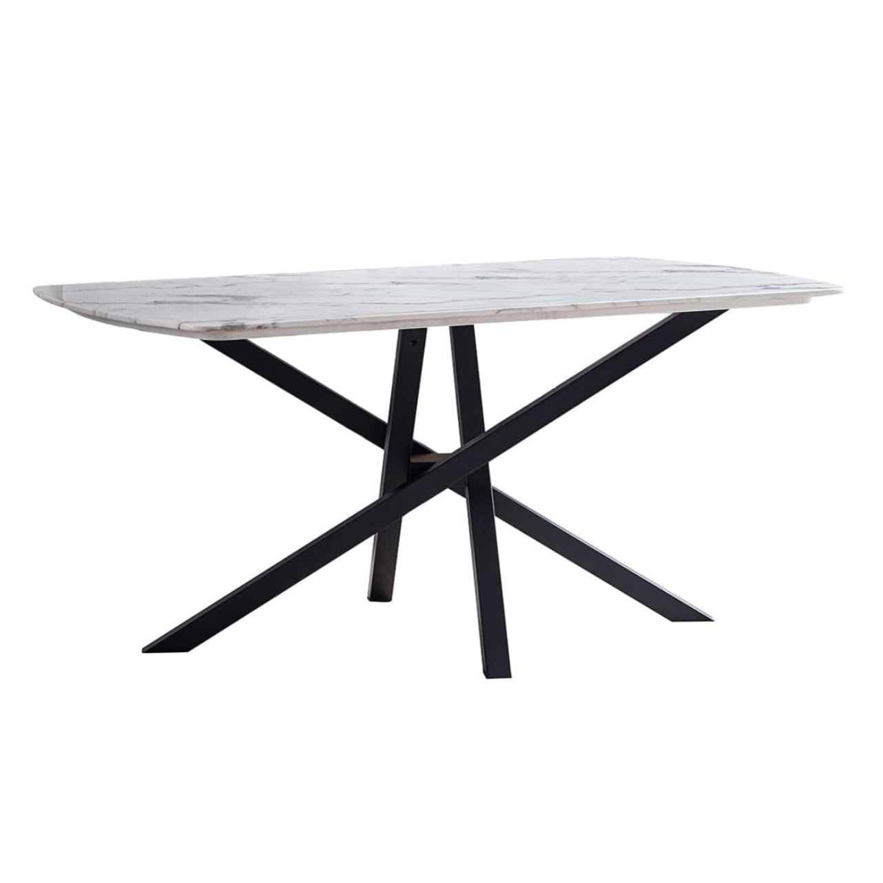 Dining table with marble top and black metal legs on a white background
