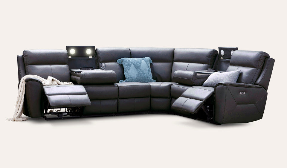 Archie Leather 6 Seater Corner Recliner Lounge (Black)
